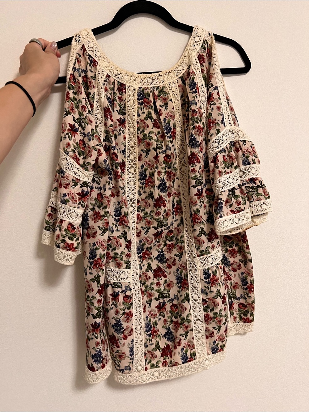 Anthropologie Cream Floral Lace-Trim Blouse